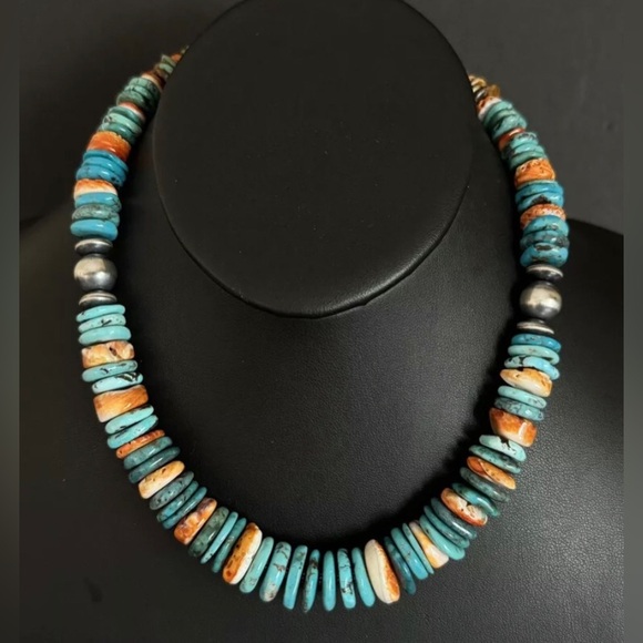 Sterling Silver Graduated Blue Turquoise Spiny Oyster Bead Necklace 18 inch